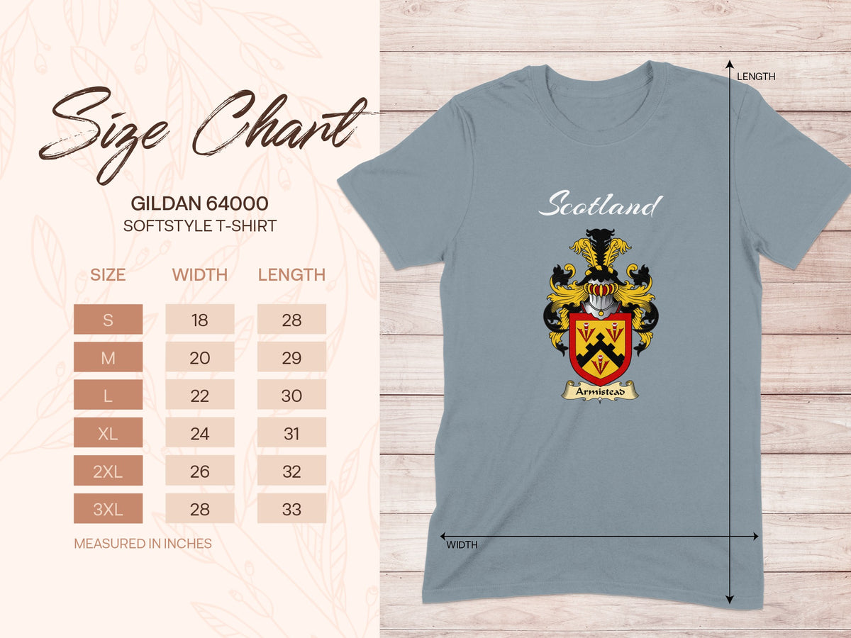 Gildan 64000 size chart for Armistead Scottish family shield T-shirt