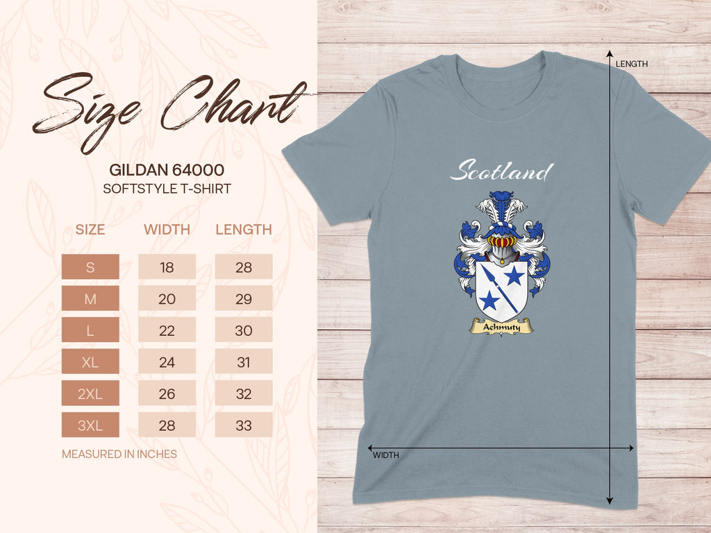 Gildan 64000 size chart for Achmuty Scottish family shield T-shirt
