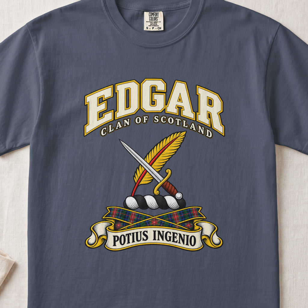 Edgar Scottish clan T-shirt in Midnight, front view with a dagger crossed with a gold feather and motto banner.