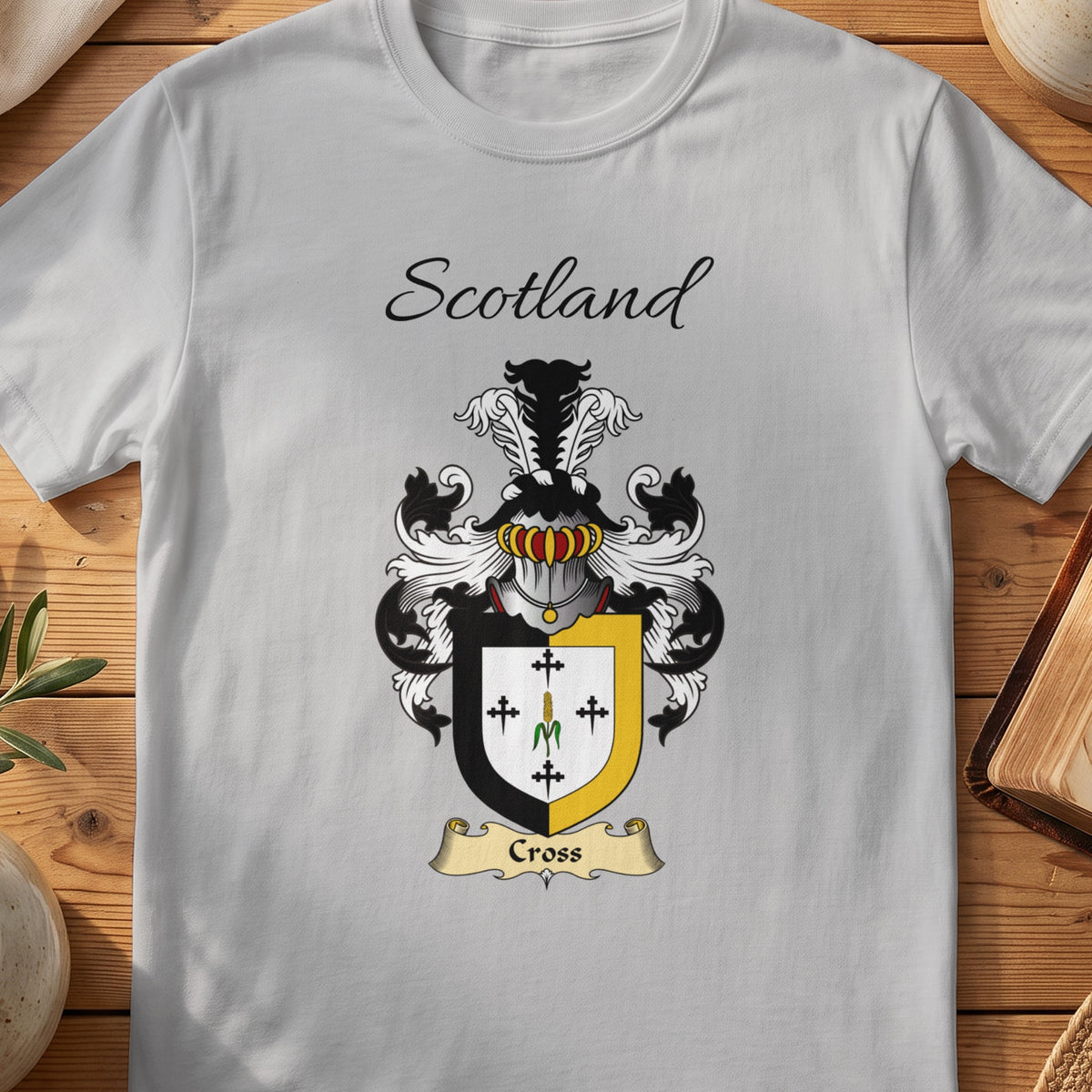 Sport Grey Cross Scottish family shield T-shirt featuring small black crosses inside a gold border