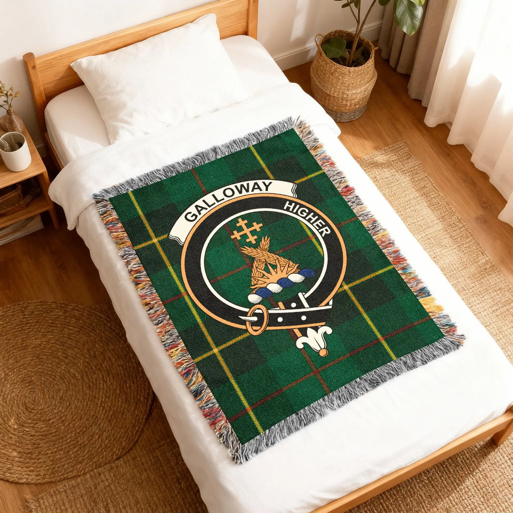 Galloway clan crest woven blanket — tartan pattern detail on 100% cotton woven throw