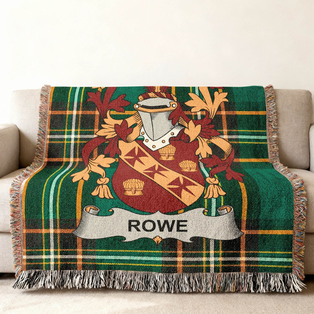 Green tartan throw blanket featuring the Rowe family crest.