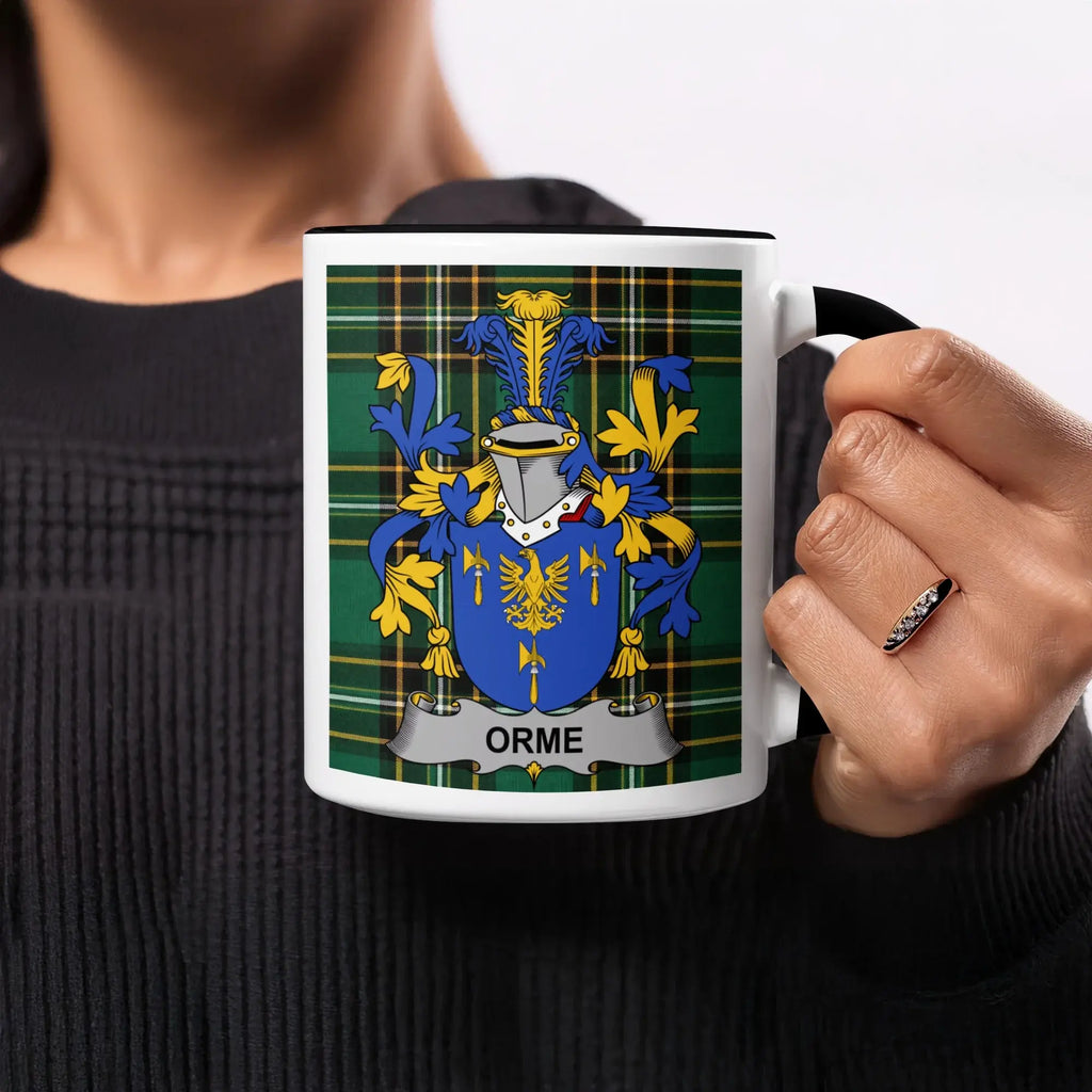 Orme black accent mug featuring family crest on Irish National Tartan
