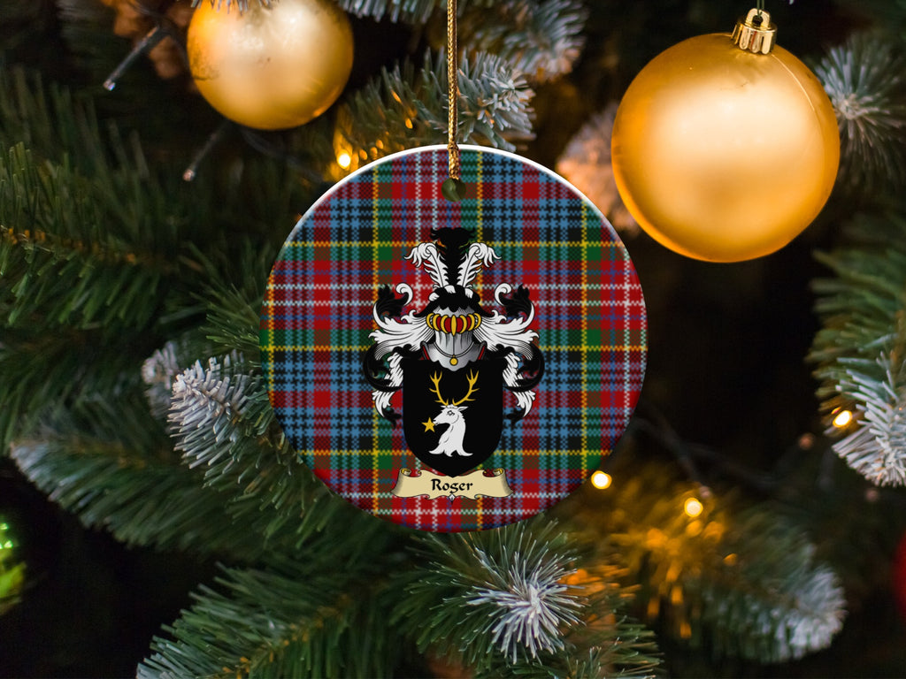 Roger family emblem ceramic Christmas ornament with Caledonia tartan background in festive holiday décor