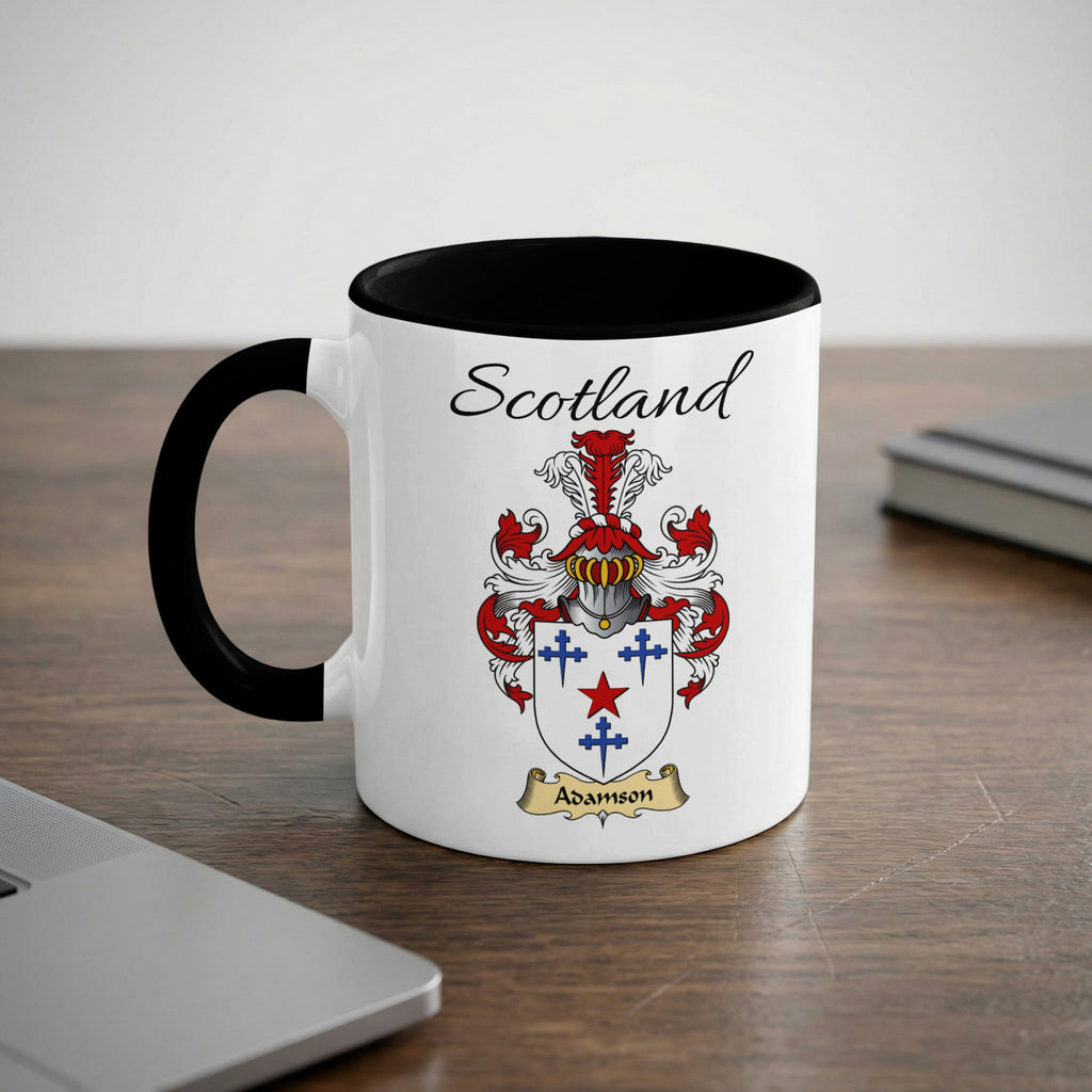 Adamson Scottish family crest accent mug with Scotland lettering and coat of arms artwork