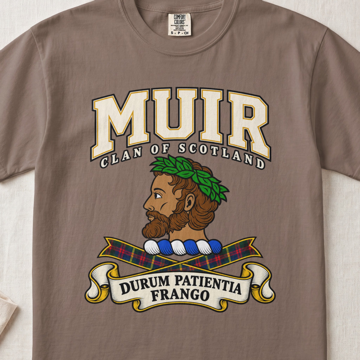 Muir Scottish clan graphic T-shirt in Espresso, front view