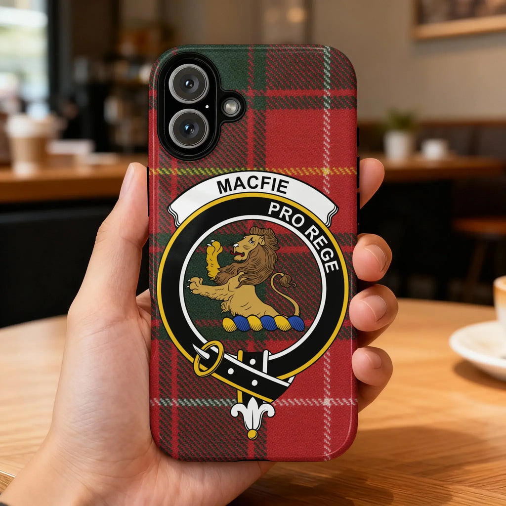 MacFie clan crest tartan phone case — Pro Rege lion rampant full wrap glossy print on iPhone