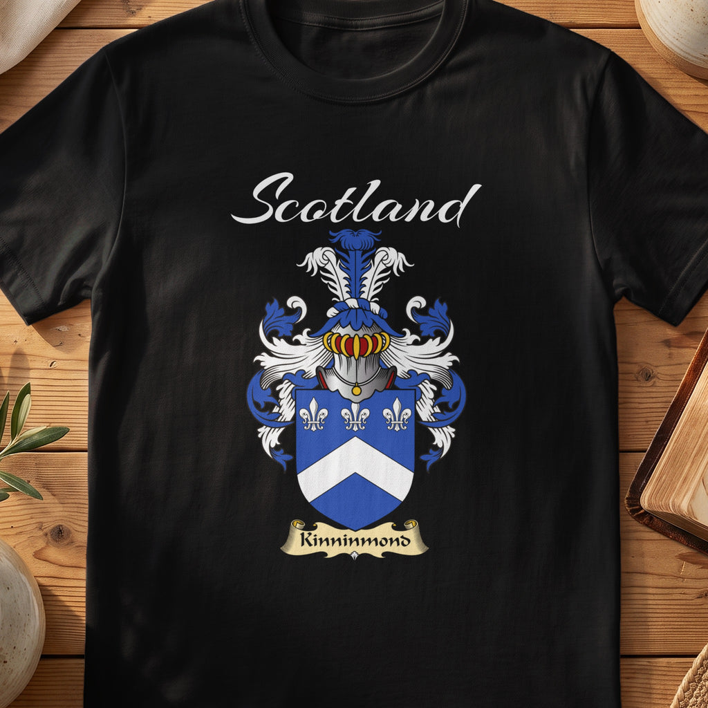 Black Kinninmond Scottish T-shirt featuring a white chevron and fleurs-de-lis on blue