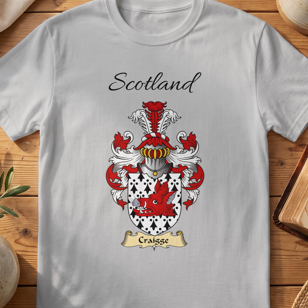 Sport Grey Craigge Scottish family shield T-shirt featuring a red figure against a black-and-white patterned shield