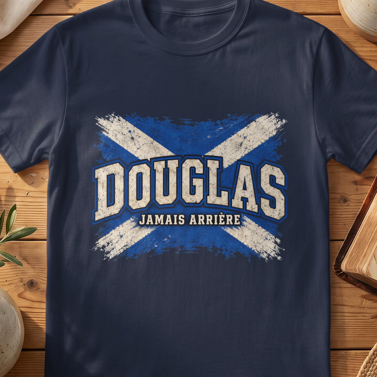 Douglas Scottish Saltire T-shirt in Navy, with distressed blue and cream flag and “Jamais Arrière” lettering.
