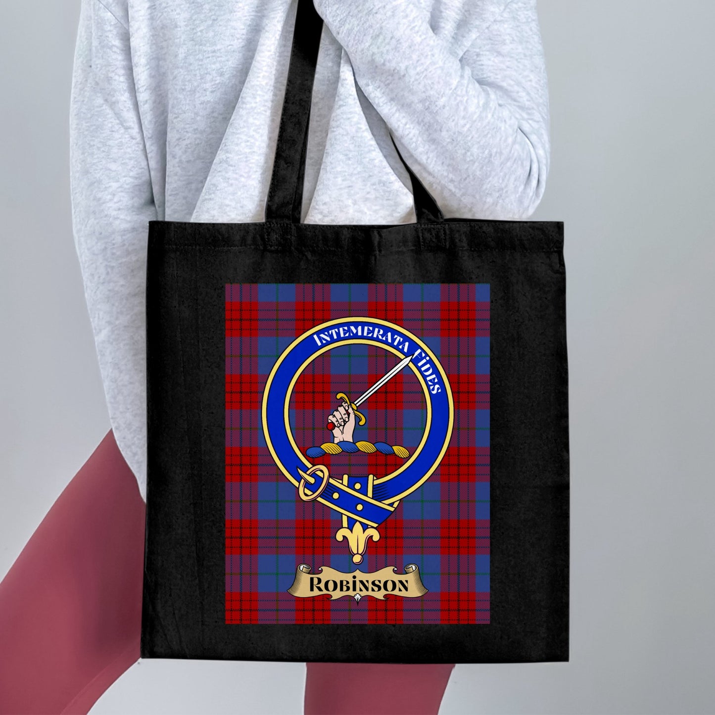 Vibrant Scottish Clan Crest on Tartan Background Tote Bag - Living Stone Gifts