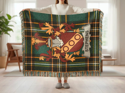 Crest with "STEPHENS" on a green and brown plaid tartan blanket.
