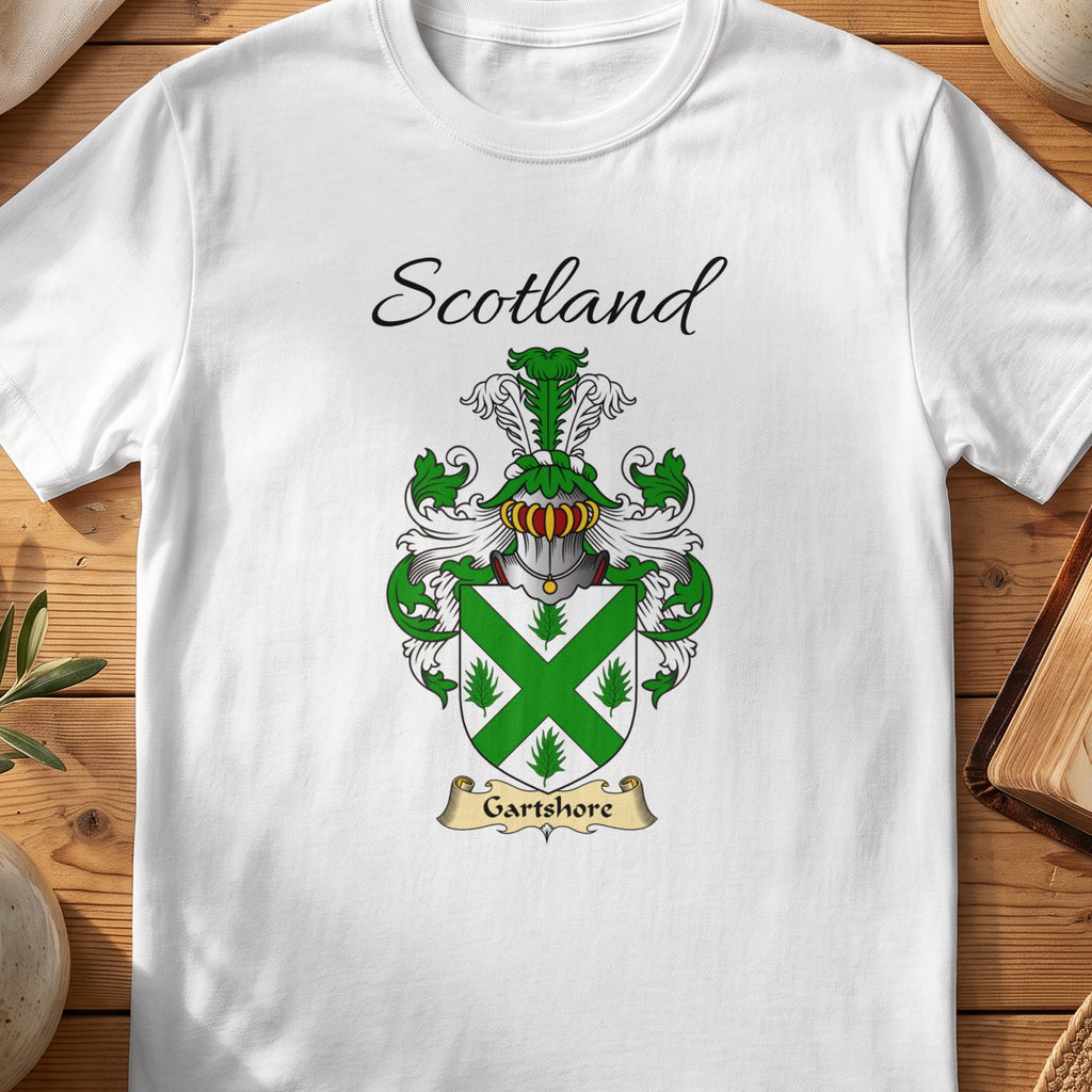 White Garthshore Scottish family shield T-shirt featuring a green diagonal cross on a white shield