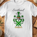 White Garthshore Scottish family shield T-shirt featuring a green diagonal cross on a white shield