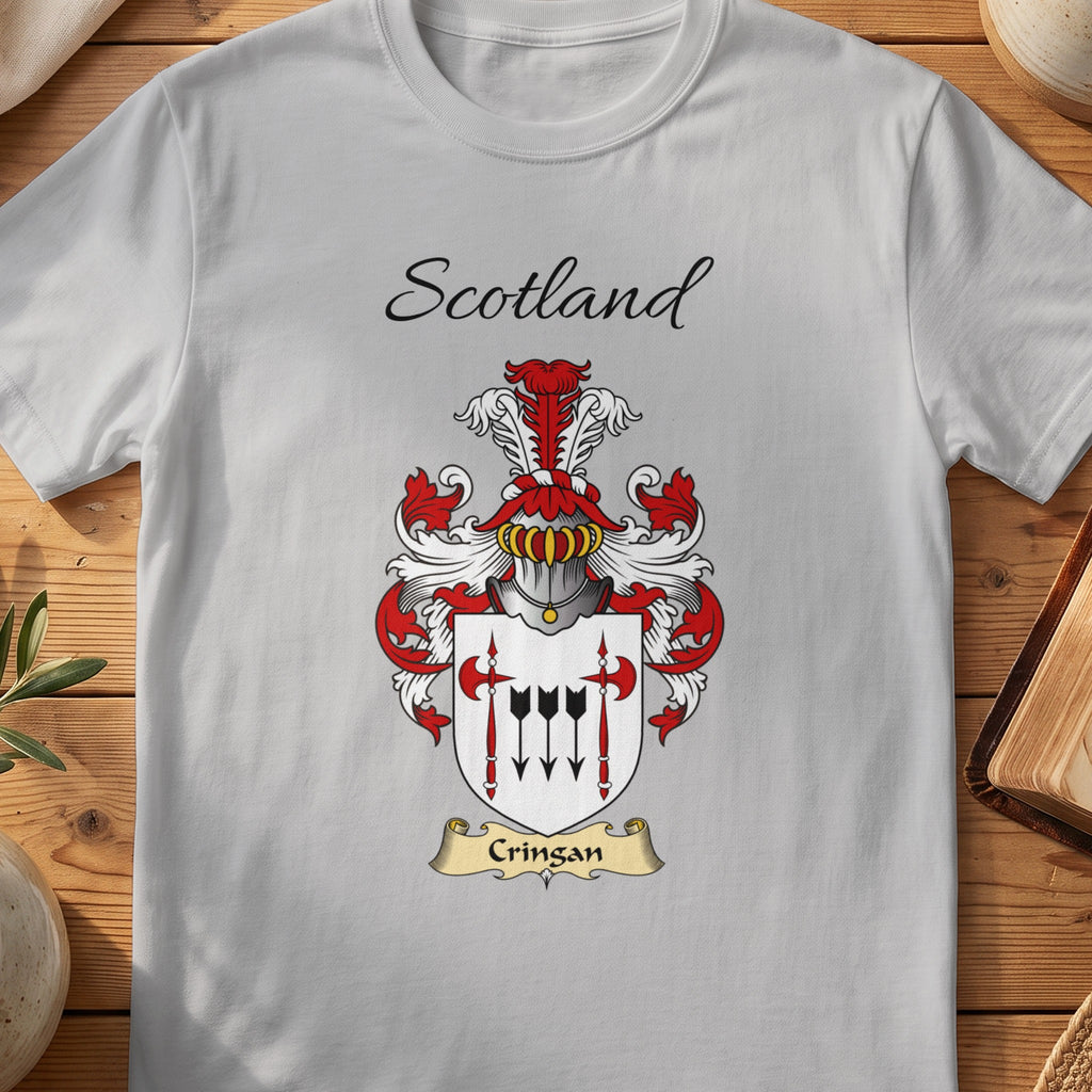 Sport Grey Cringan Scottish family shield T-shirt featuring black arrows between red polearms