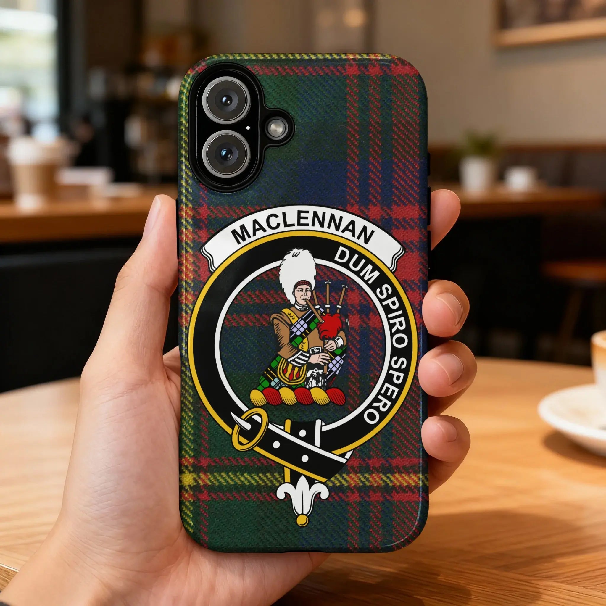 MacLennan clan crest tartan phone case — Dum Spiro Spero full wrap glossy print on iPhone