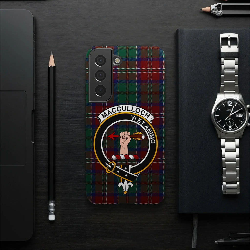 MacCulloch clan Vi Et Animo tartan phone case — glossy wrap shown on Samsung Galaxy