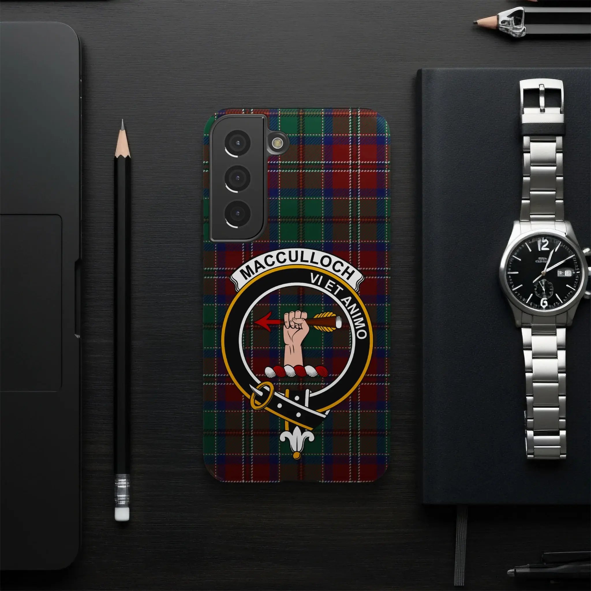 MacCulloch clan Vi Et Animo tartan phone case — glossy wrap shown on Samsung Galaxy