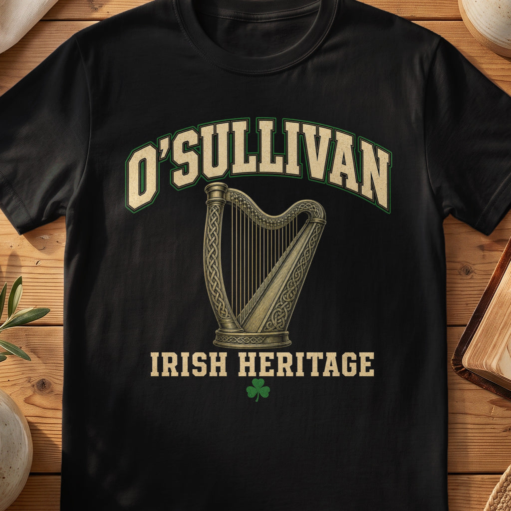 O'Sullivan Irish harp T-shirt in Black, with cream surname lettering, a gold-toned harp, green shamrock and “Irish Heritage” text.