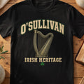 O'Sullivan Irish harp T-shirt in Black, with cream surname lettering, a gold-toned harp, green shamrock and “Irish Heritage” text.