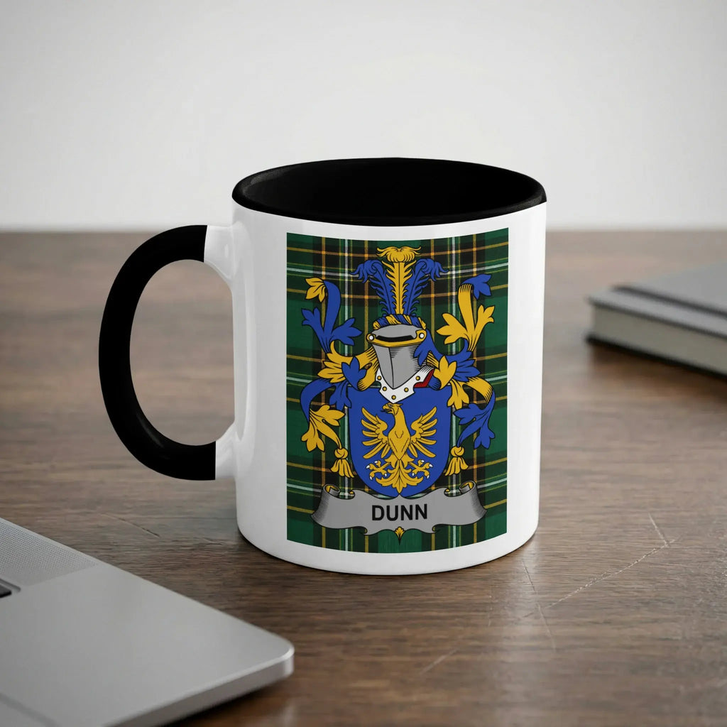 White mug with black handle featuring the Dunn family crest on a checkered background.
