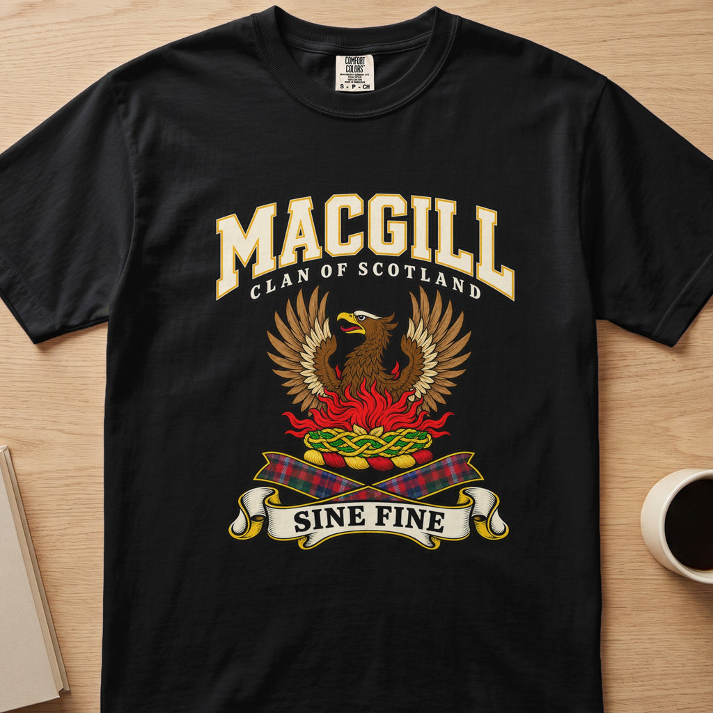 MacGill clan T-shirt in black, front view with brown bird with raised wings above red flames