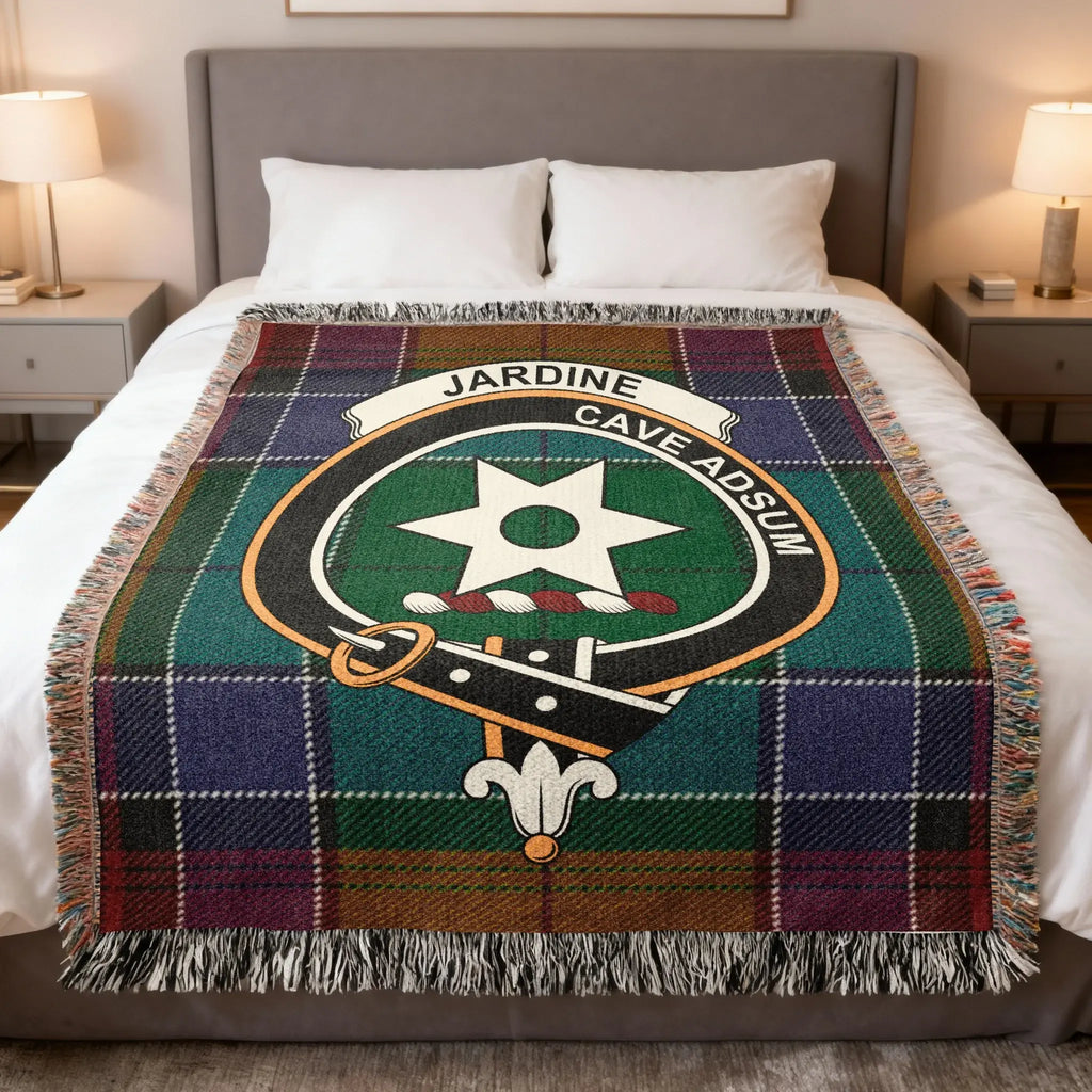 Clan Jardine woven tartan blanket — cotton weave with fringe edging and Cave Adsum crest, 52x37 inch
