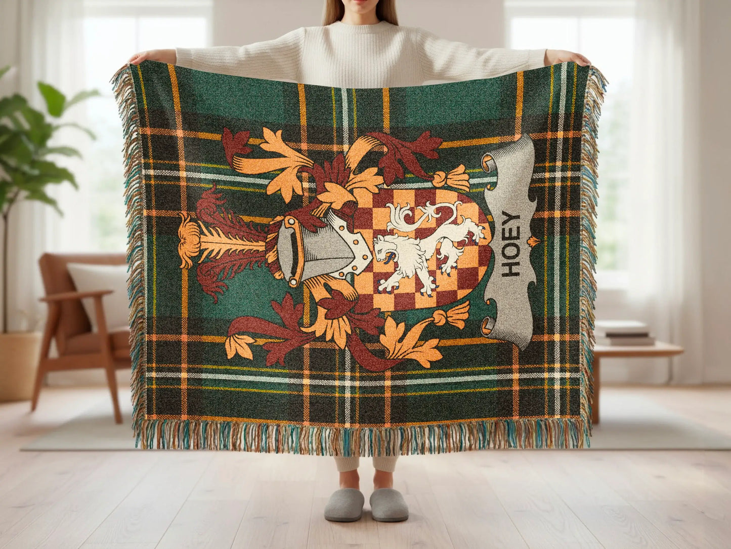Tartan blanket featuring the HOEY family crest with a lion rampant.