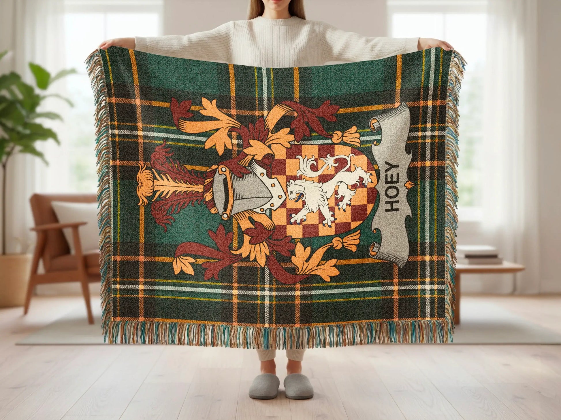 Tartan blanket featuring the HOEY family crest with a lion rampant.