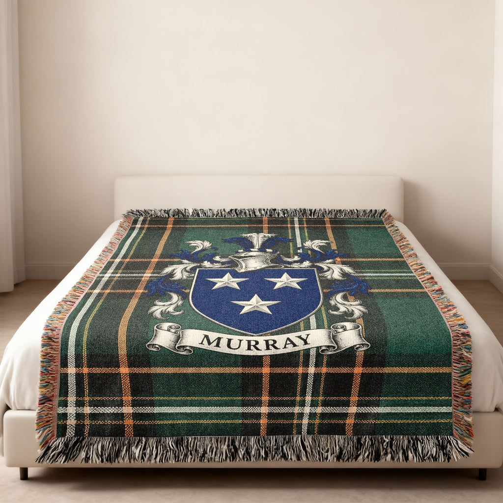 Murray Irish National Tartan family crest woven throw displayed in a home setting