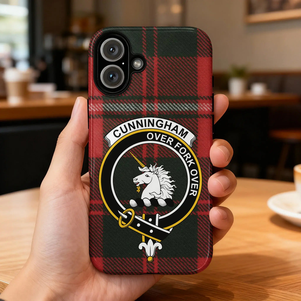 Cunningham clan crest tartan phone case — edge-to-edge plaid design with Over Fork Over unicorn crest