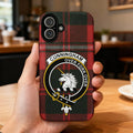 Cunningham clan crest tartan phone case — edge-to-edge plaid design with Over Fork Over unicorn crest