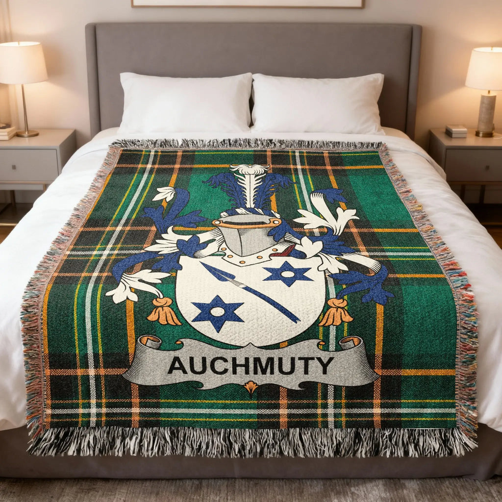Auchmuty Irish family crest woven blanket with Irish tartan design and fringed edges