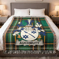 Auchmuty Irish family crest woven blanket with Irish tartan design and fringed edges