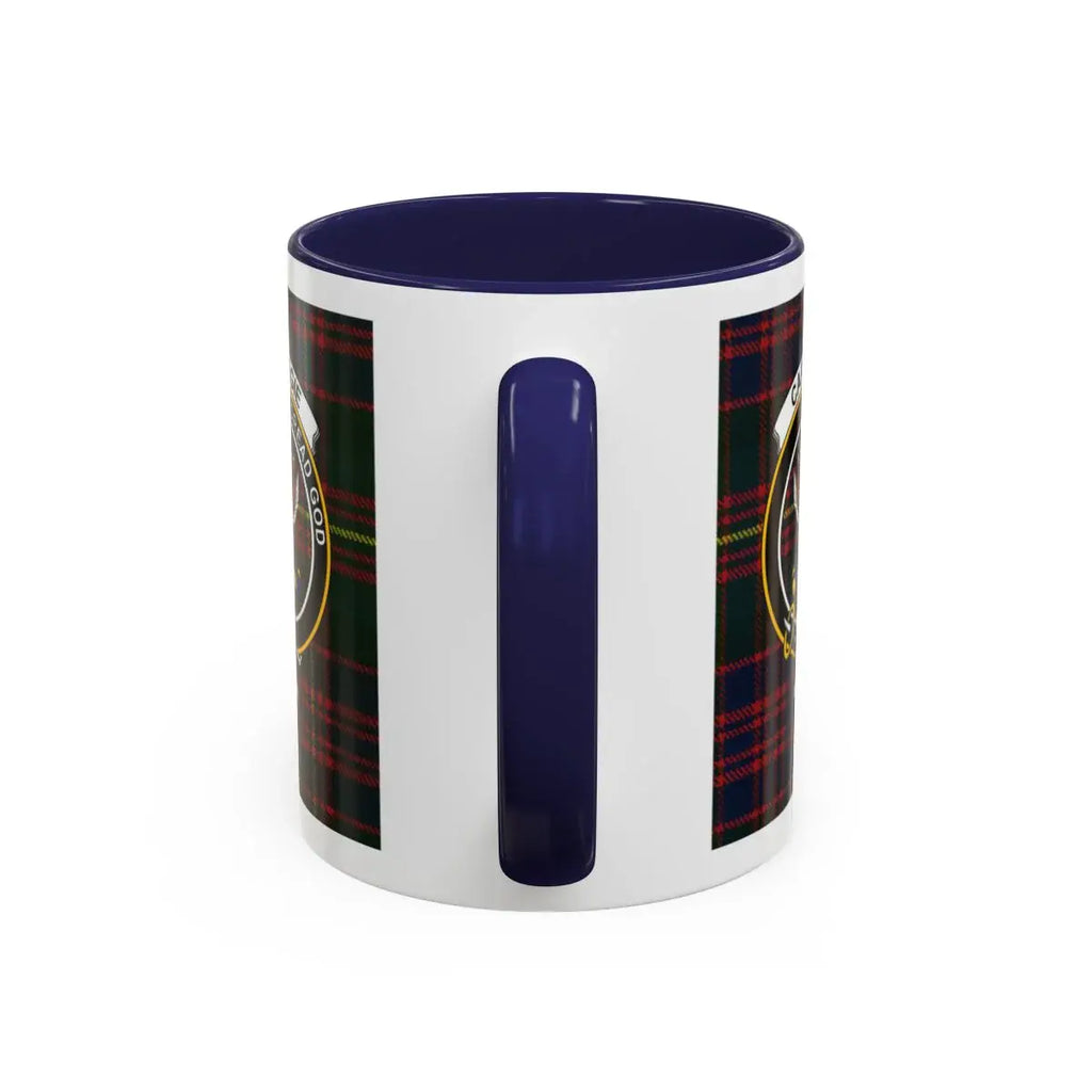 Clan Carnegie tartan plaid crest mug — blue handle, glossy ceramic