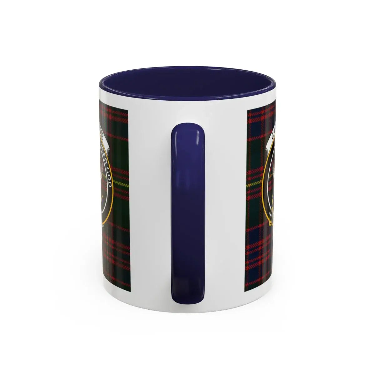 Clan Carnegie tartan plaid crest mug — blue handle, glossy ceramic