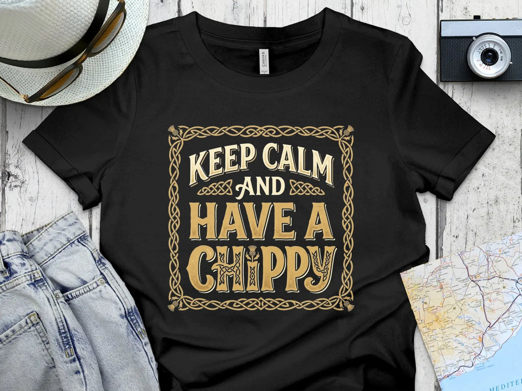 Black t-shirt with "Keep Calm and Have a Chippy" text in ornate gold font.