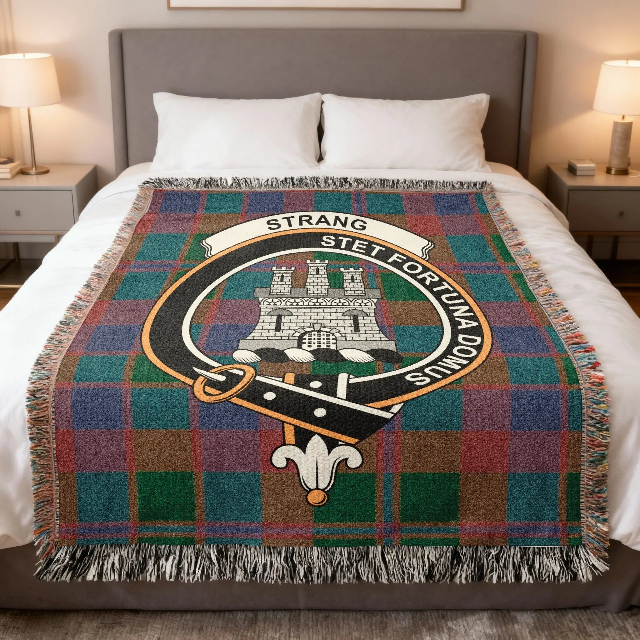 Clan Strang highland castle crest tartan woven blanket — 100% cotton with plaid detail