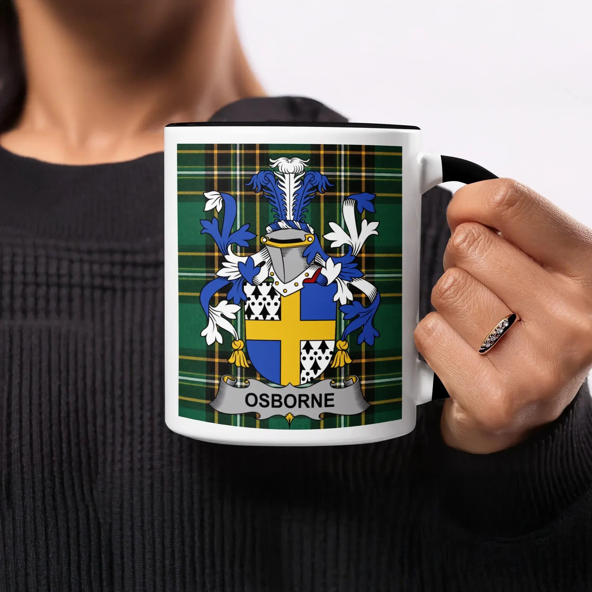 Osborne black accent mug with Irish National Tartan crest design