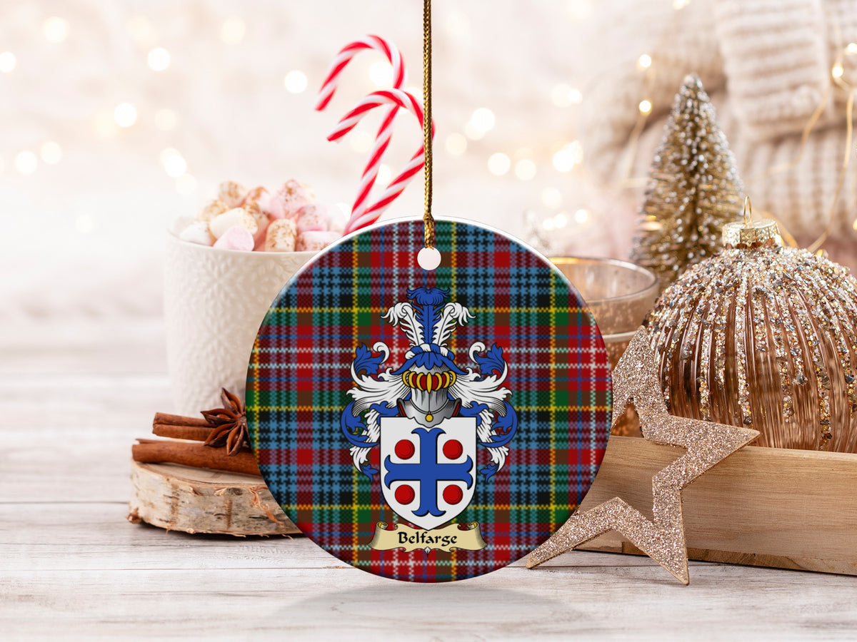 Belfarge family emblem ceramic Christmas ornament with Caledonia tartan background in festive holiday décor
