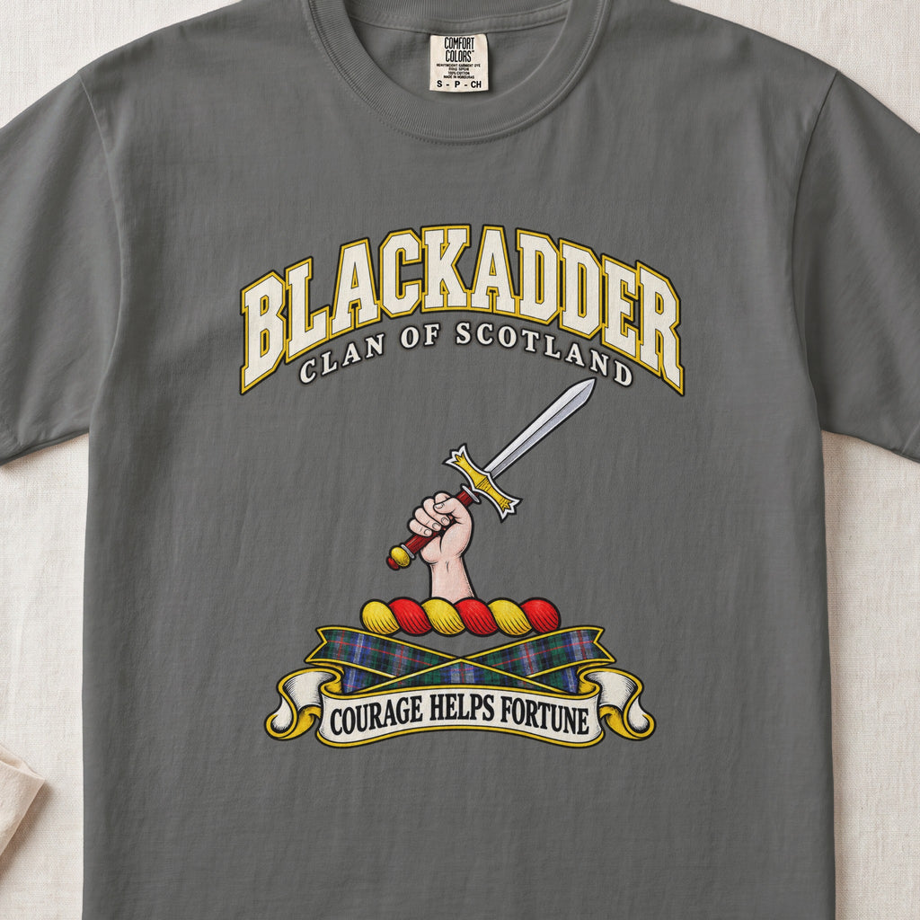 Blackadder Scottish clan T-shirt in Pepper, front view with a hand holding a raised sword and motto banner.