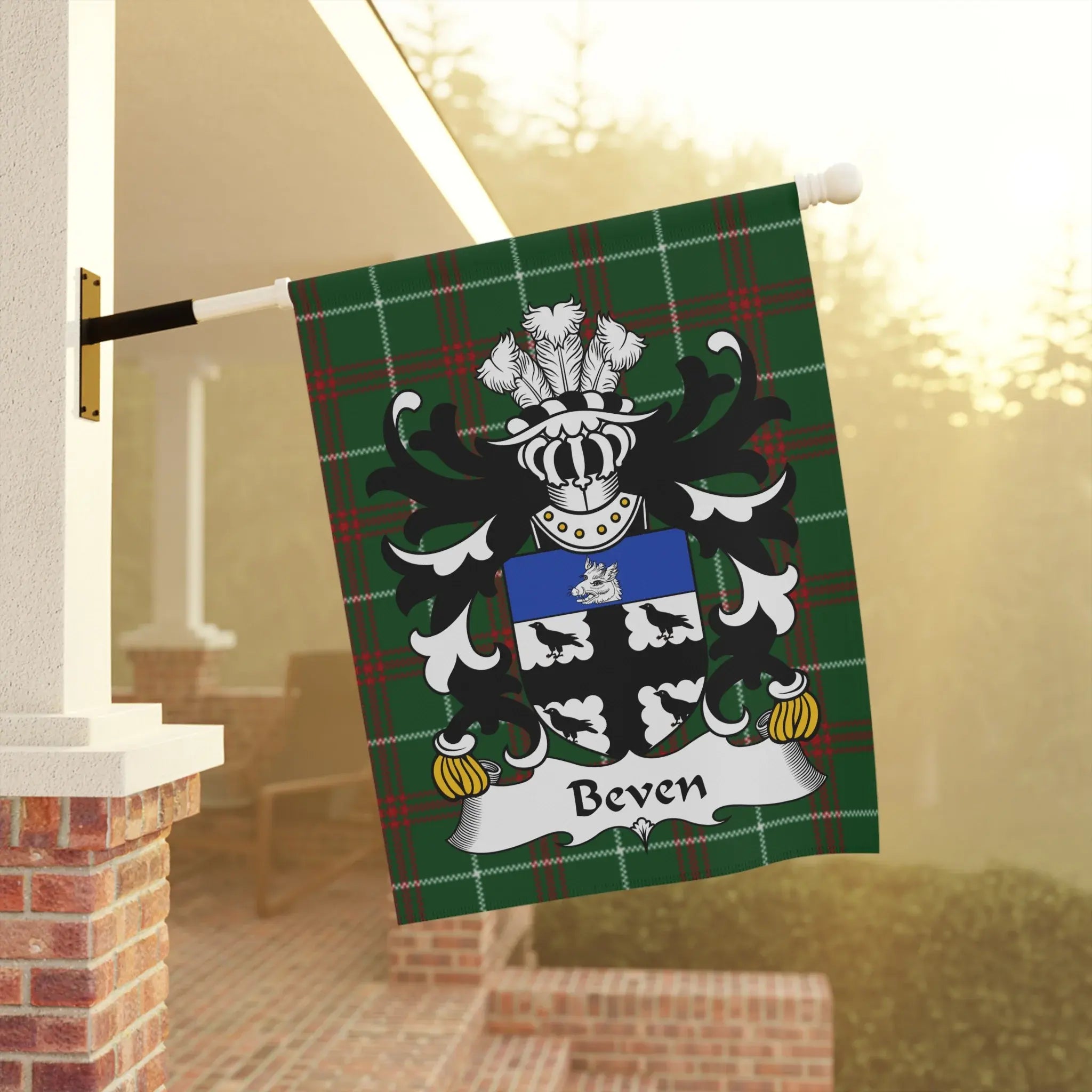 Green plaid flag with a black and white coat of arms and the name "Beven".