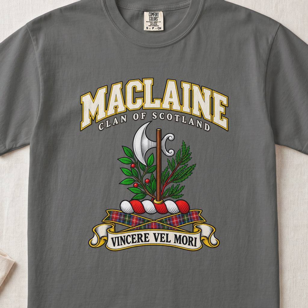 MacLaine Scottish clan T-shirt in Pepper, front view with a silver axe framed by green foliage and motto banner.