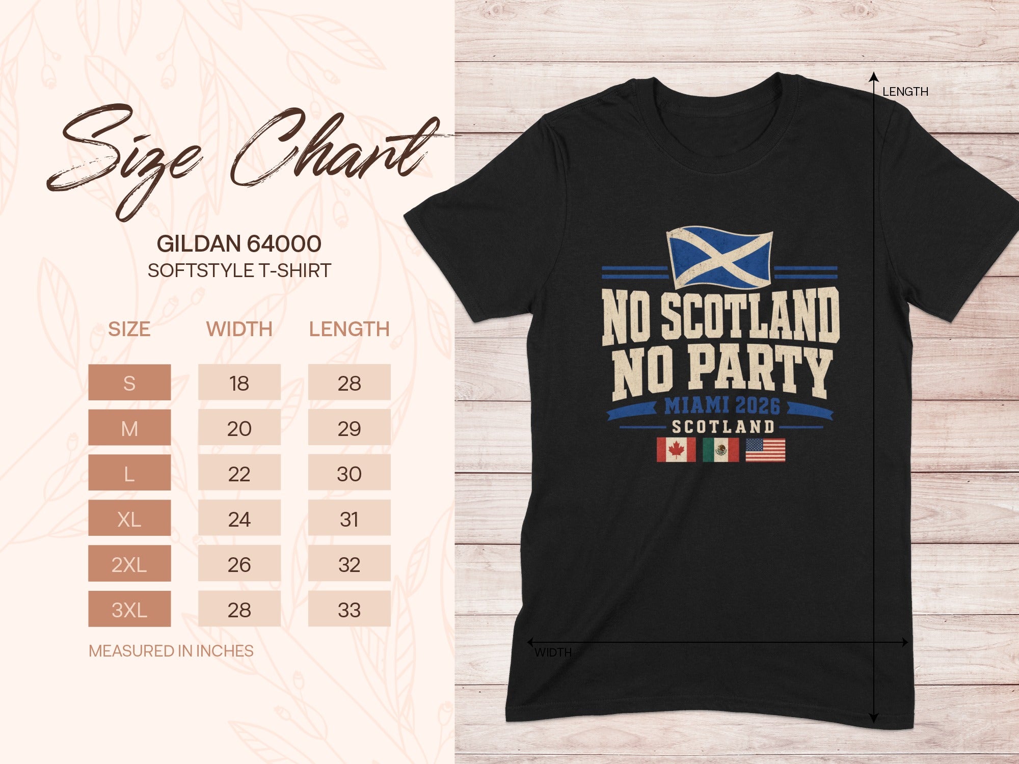 Gildan 64000 size chart with "No Scotland No Party" t-shirt.