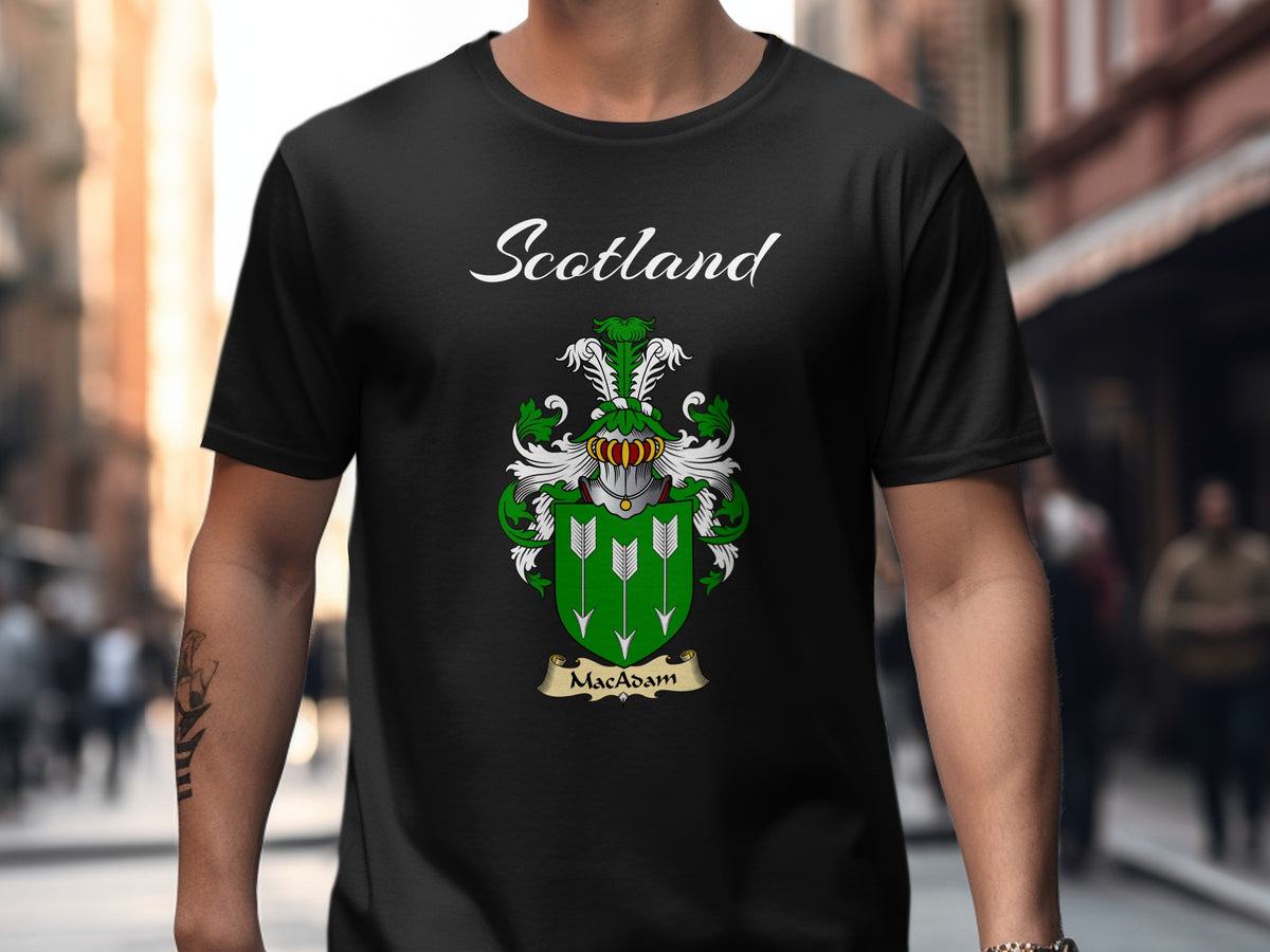 MacAdam Scottish family shield design on Black T-shirt