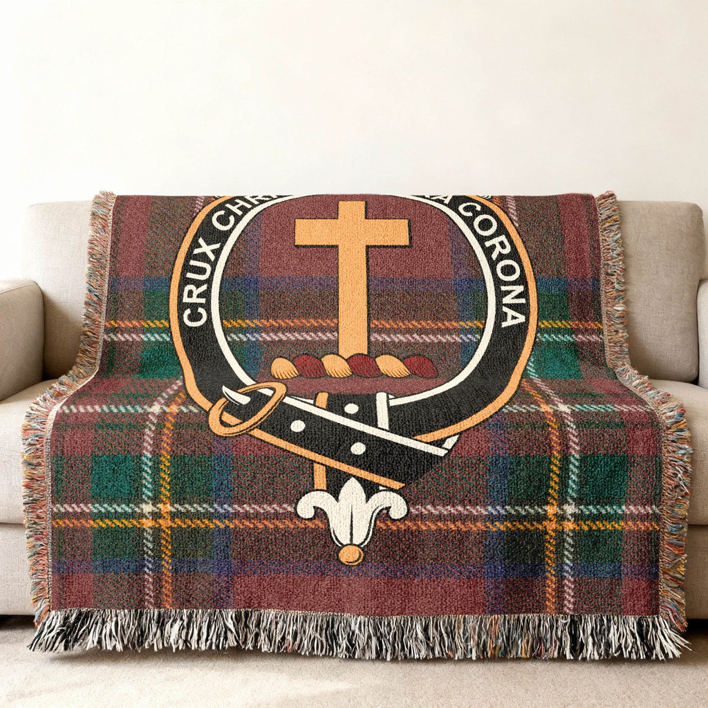 Mercer clan crest tartan woven throw — cross and shield design, 52" x 37"