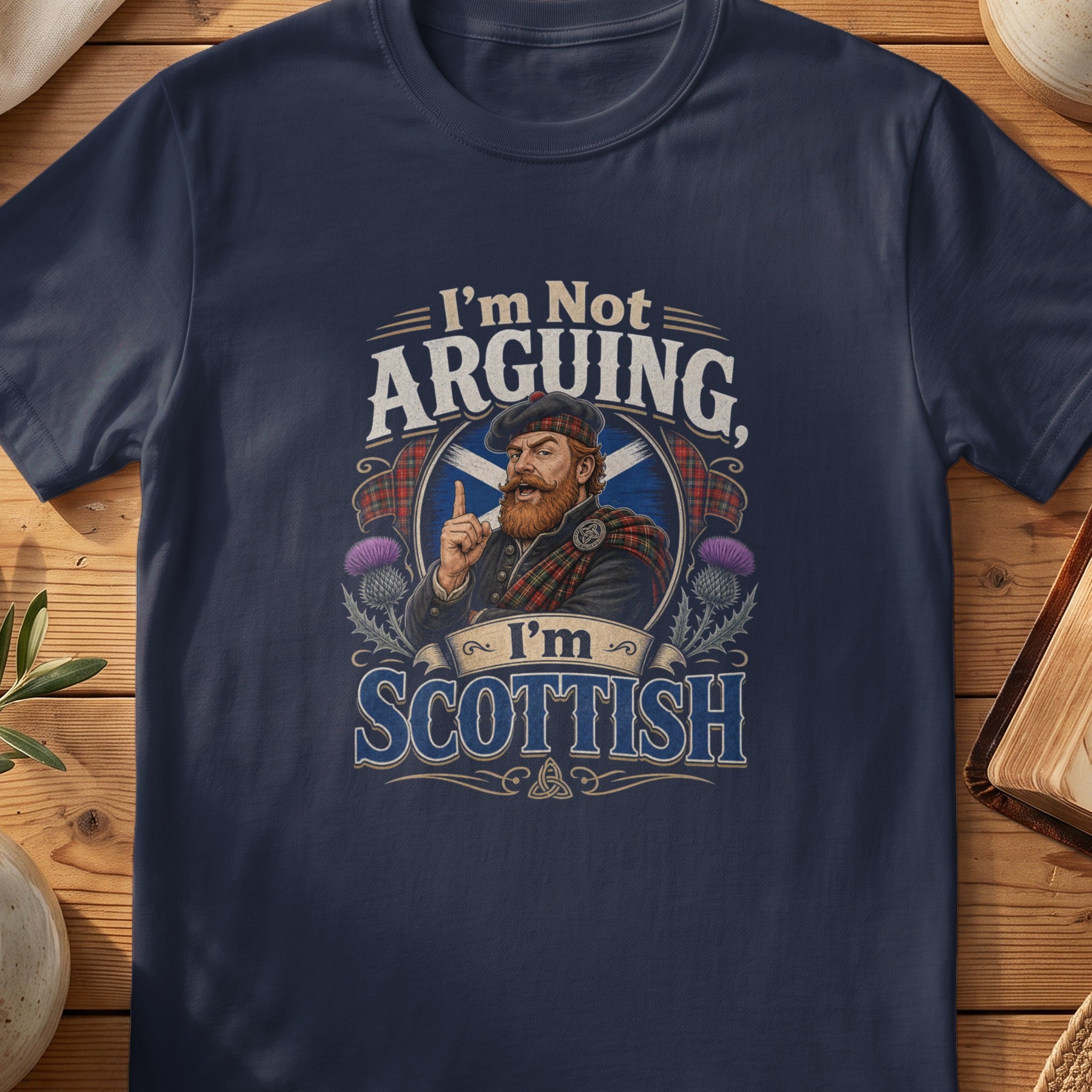 Navy Gildan 64000 unisex T-shirt flatlay with I'm Not Arguing I'm Scottish Scottish graphic design