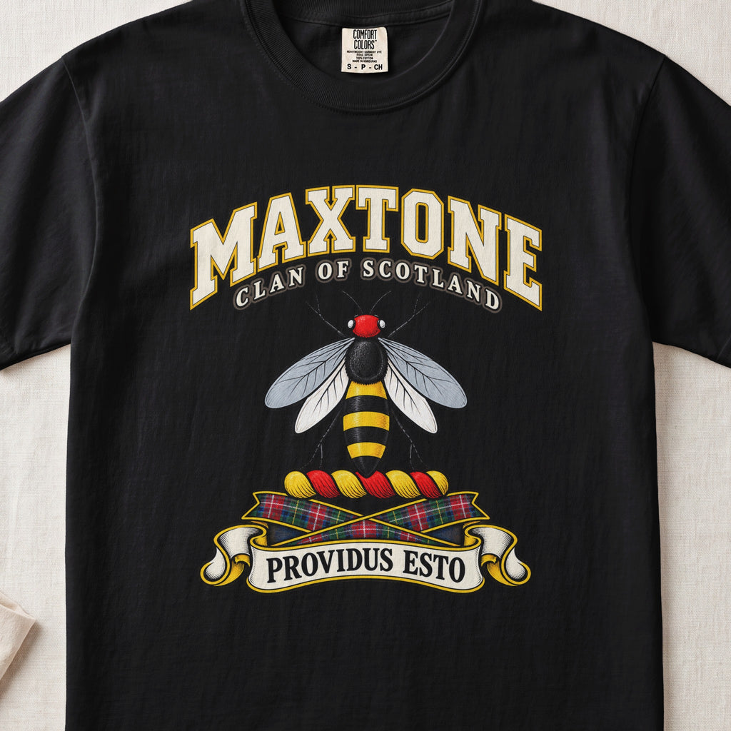 Maxtone Scottish clan T-shirt in Black, front view with a black-and-gold bee with silver wings and motto banner.