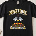 Maxtone Scottish clan T-shirt in Black, front view with a black-and-gold bee with silver wings and motto banner.