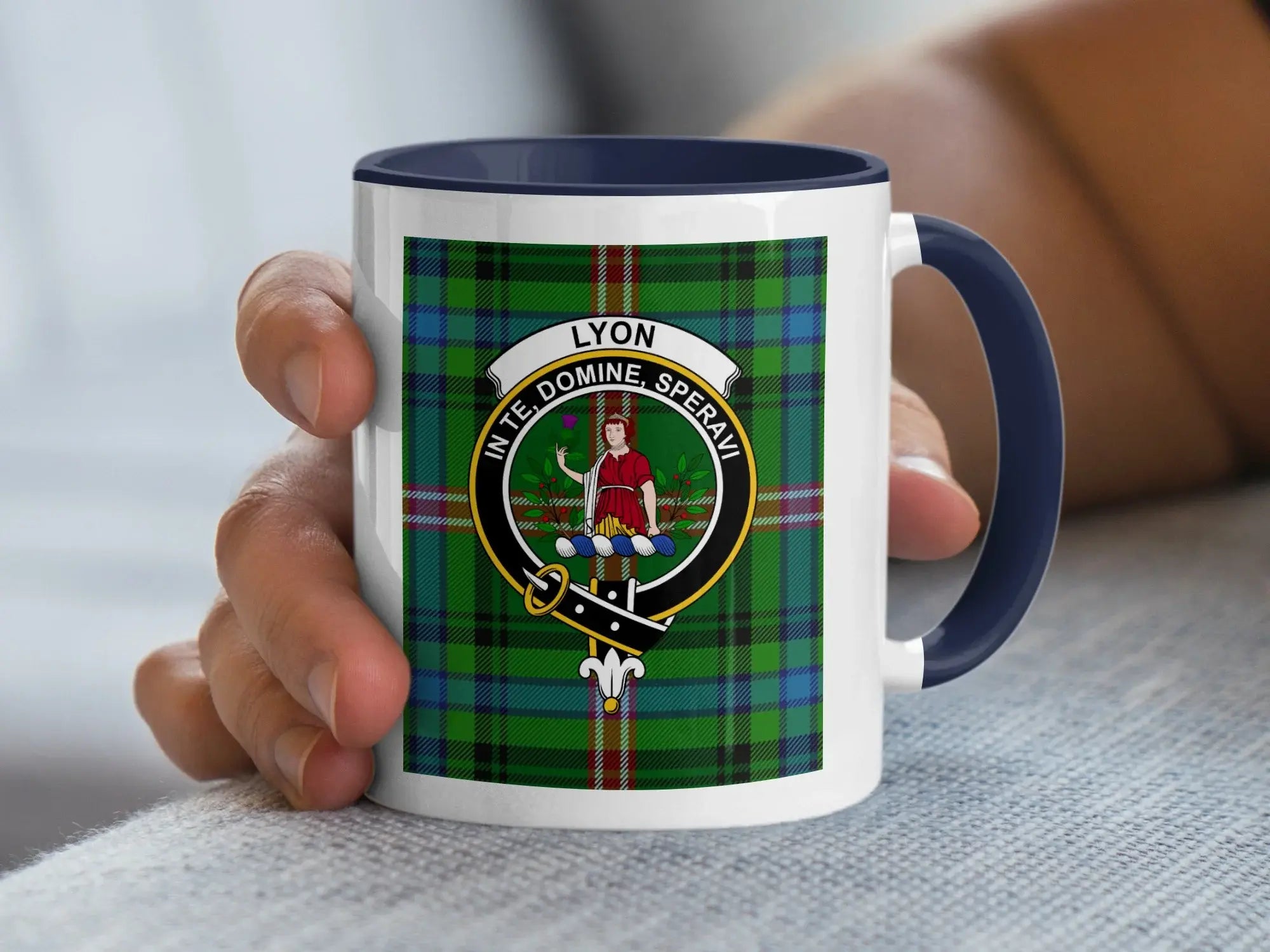 Clan Lyon tartan accent mug — 11 oz with black handle, In Te Domine Speravi crest on ceramic